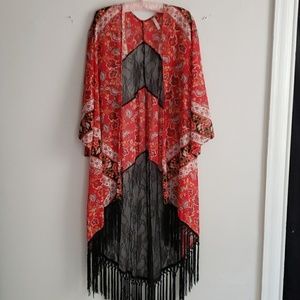 Boho Red & Black Poppy Kimono w/fringe